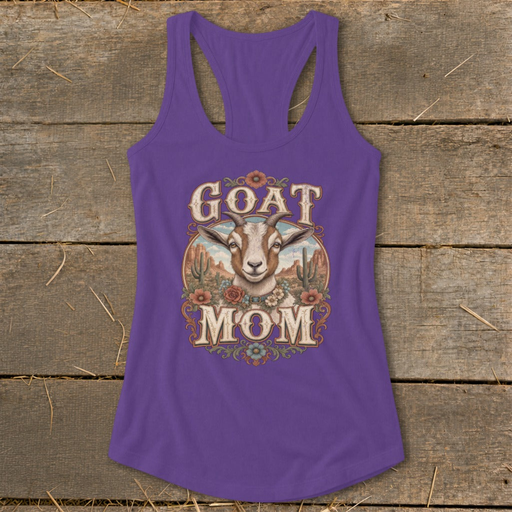 A purple racerback tank top featuring a graphic of a goat and the text Goat Mom.