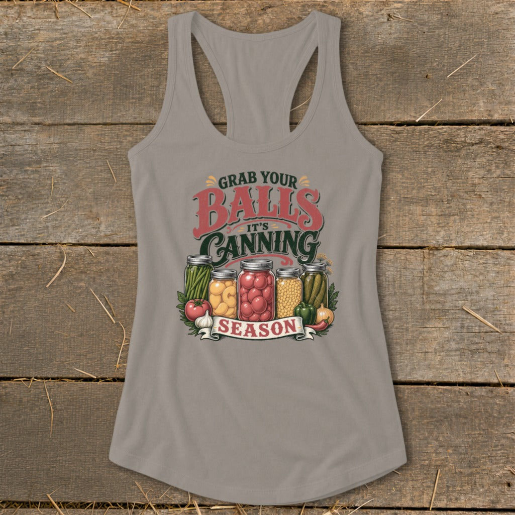 Graphic design with text "Grab Your Balls It's Canning Season" and jars of preserves.
