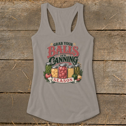 Graphic design with text "Grab Your Balls It's Canning Season" and jars of preserves.