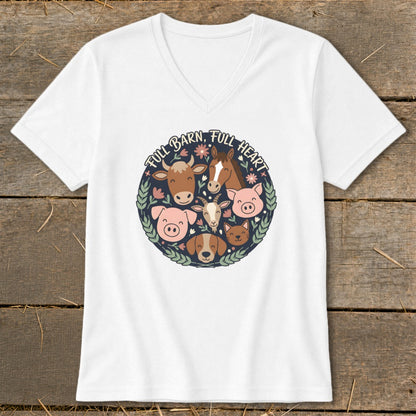 White v-neck shirt with a circular farm animal graphic and text "FULL BARN, FULL HEART".