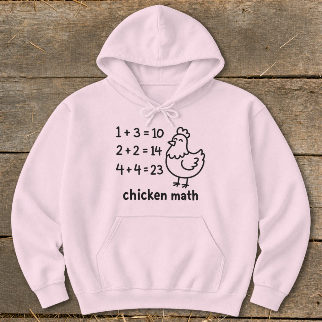 Pink hoodie with "chicken math" graphic featuring incorrect equations and a chicken drawing.