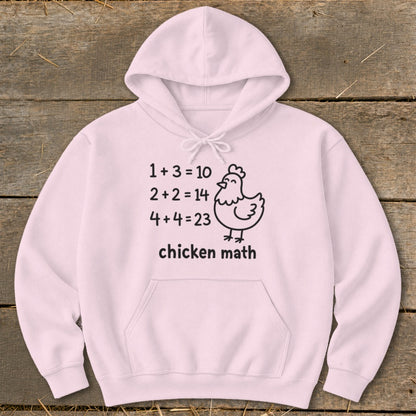 Pink hoodie with "chicken math" graphic featuring incorrect equations and a chicken drawing.