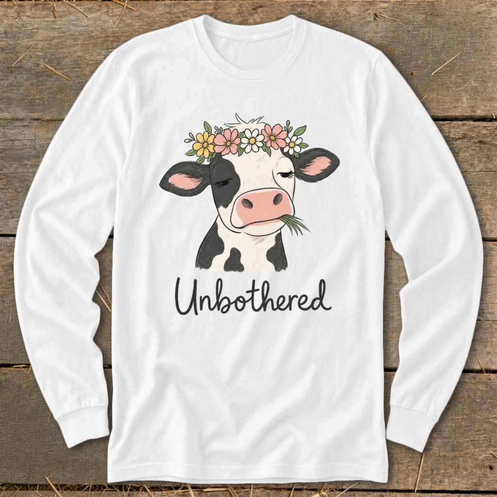 White long-sleeve shirt with a cartoon cow wearing a flower crown and the text "Unbothered".