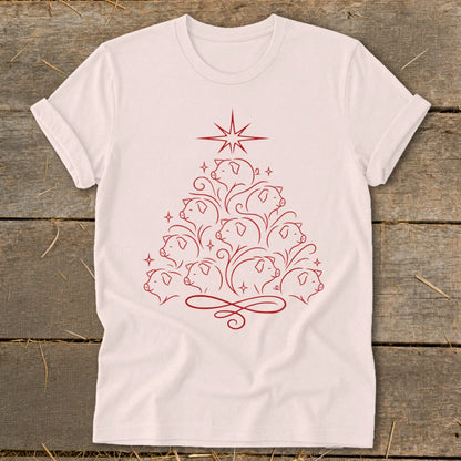 White t-shirt with red line art of a Christmas tree made of pigs and a star.