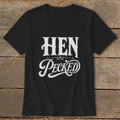 Black t-shirt with white text "HEN Pecked" in stylized font.
