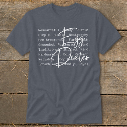 Gray t-shirt with "Egg Dealer" and descriptive words in white text.