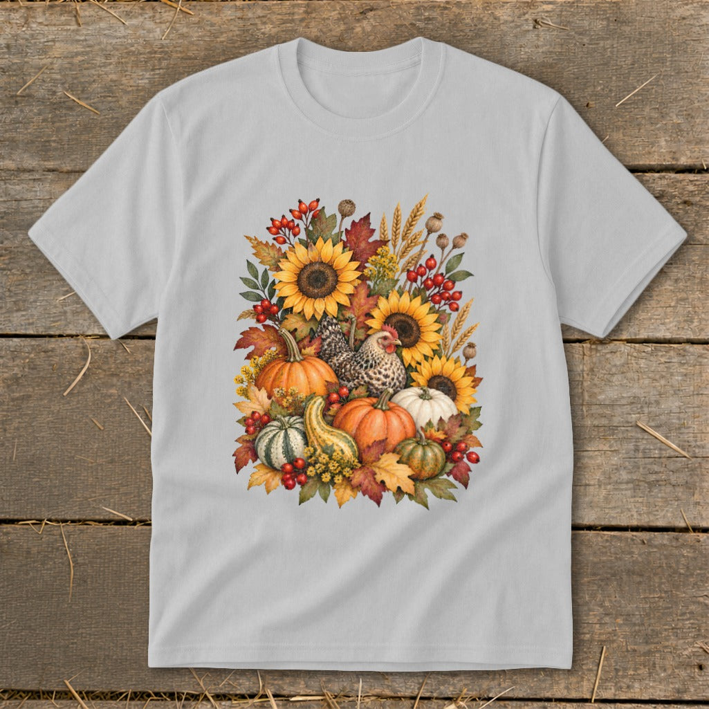 T-shirt with autumn floral arrangement featuring pumpkins, sunflowers, chickens, and berries.