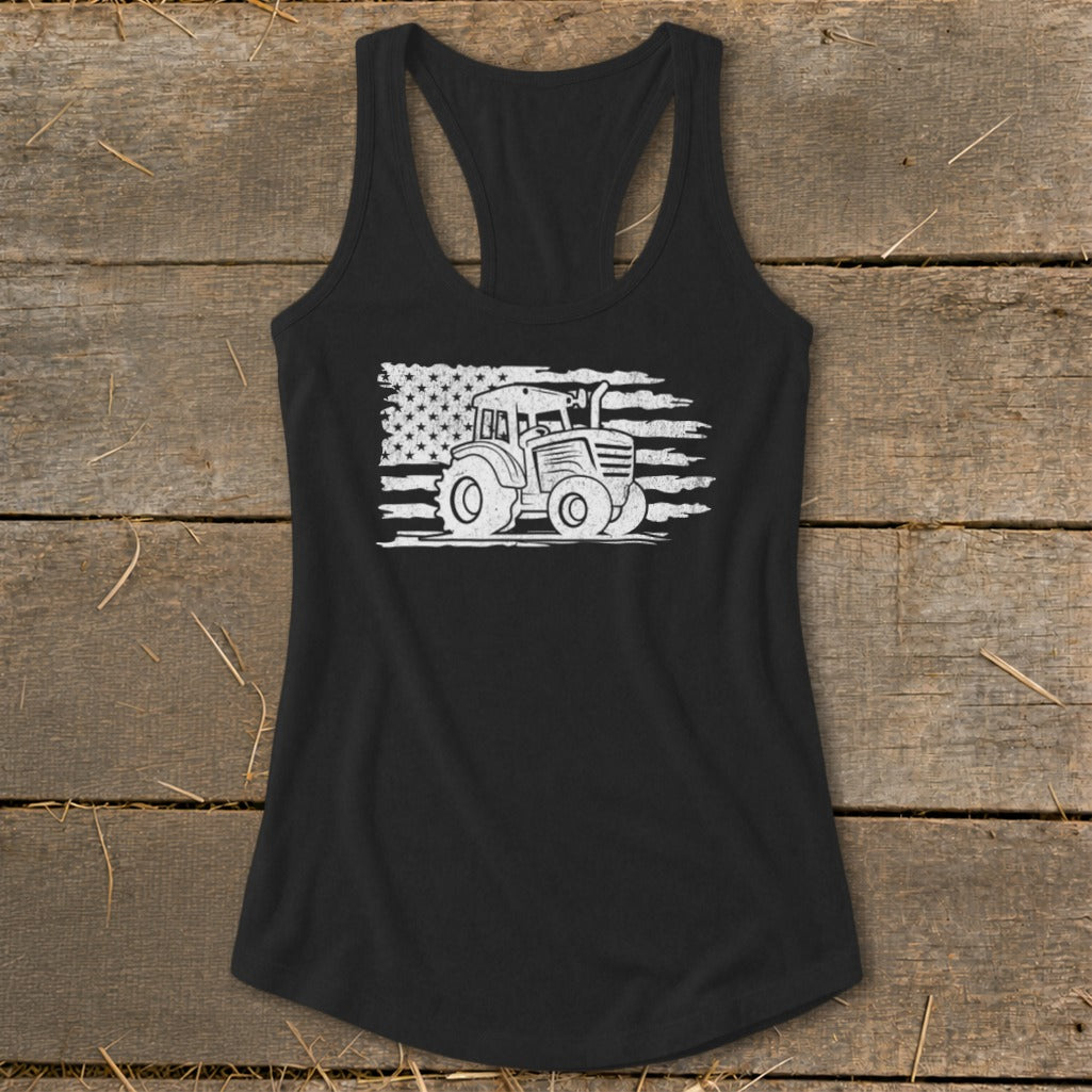 Black tank top with distressed tractor and American flag graphic.