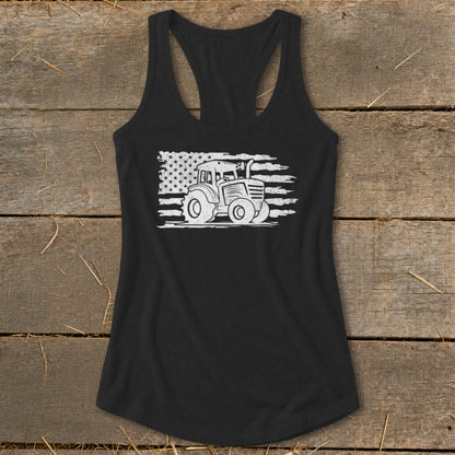 Black tank top with distressed tractor and American flag graphic.
