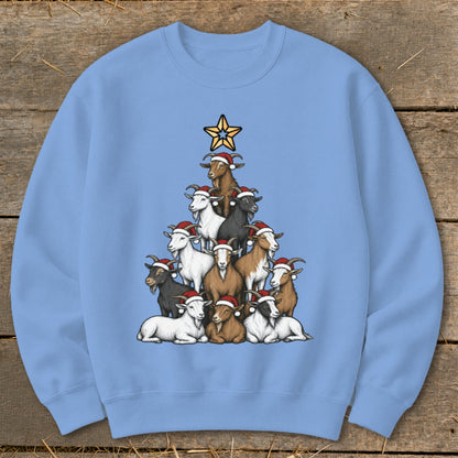 Goats wearing Santa hats form a Christmas tree shape, topped with a star.