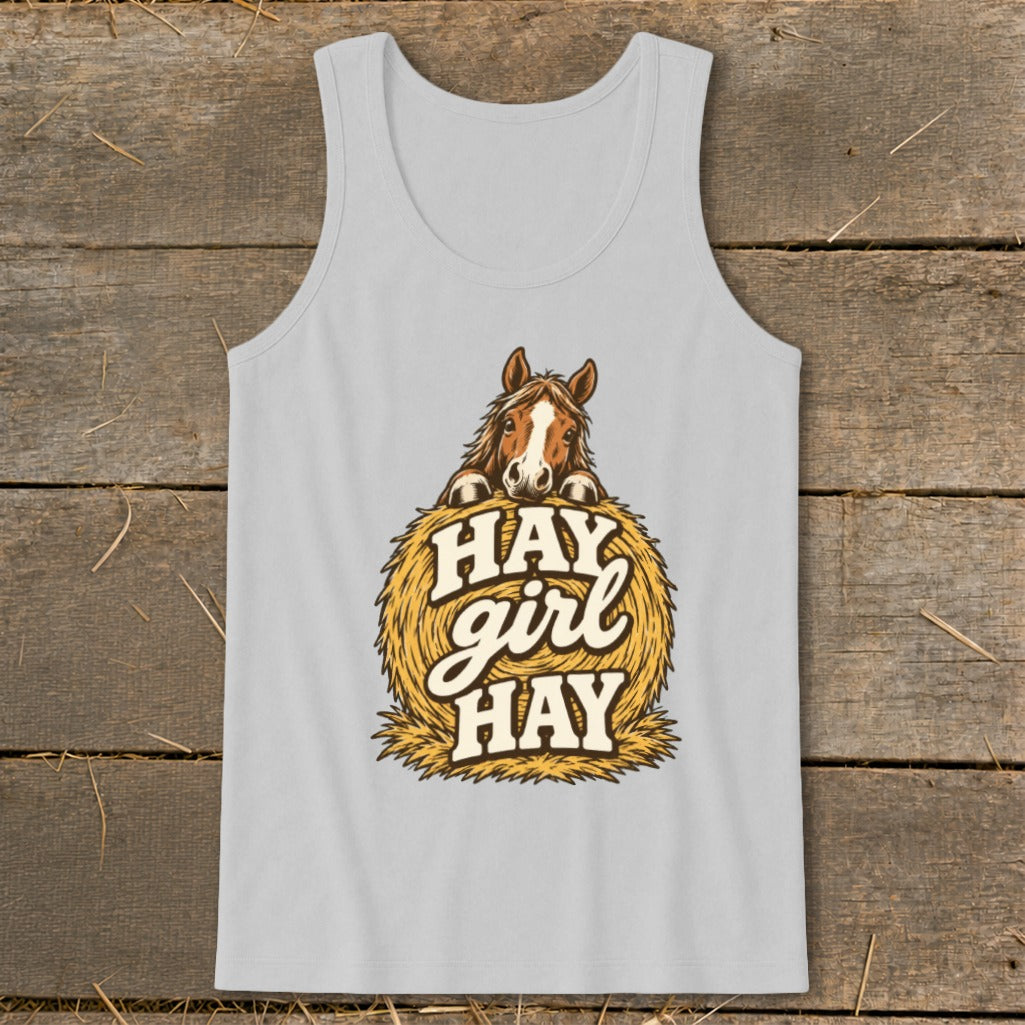Gray tank top with a horse peeking over a hay bale, text reads "Hay girl Hay".