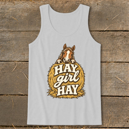 Gray tank top with a horse peeking over a hay bale, text reads "Hay girl Hay".
