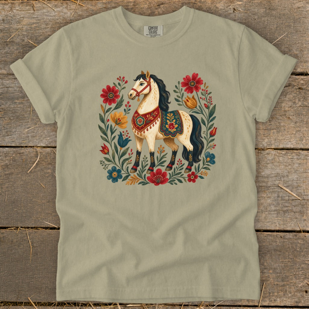 Light tan t-shirt with a beige horse and floral folk art design.