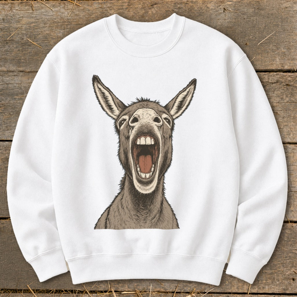 White sweatshirt with a detailed illustration of a donkey's head with mouth open.