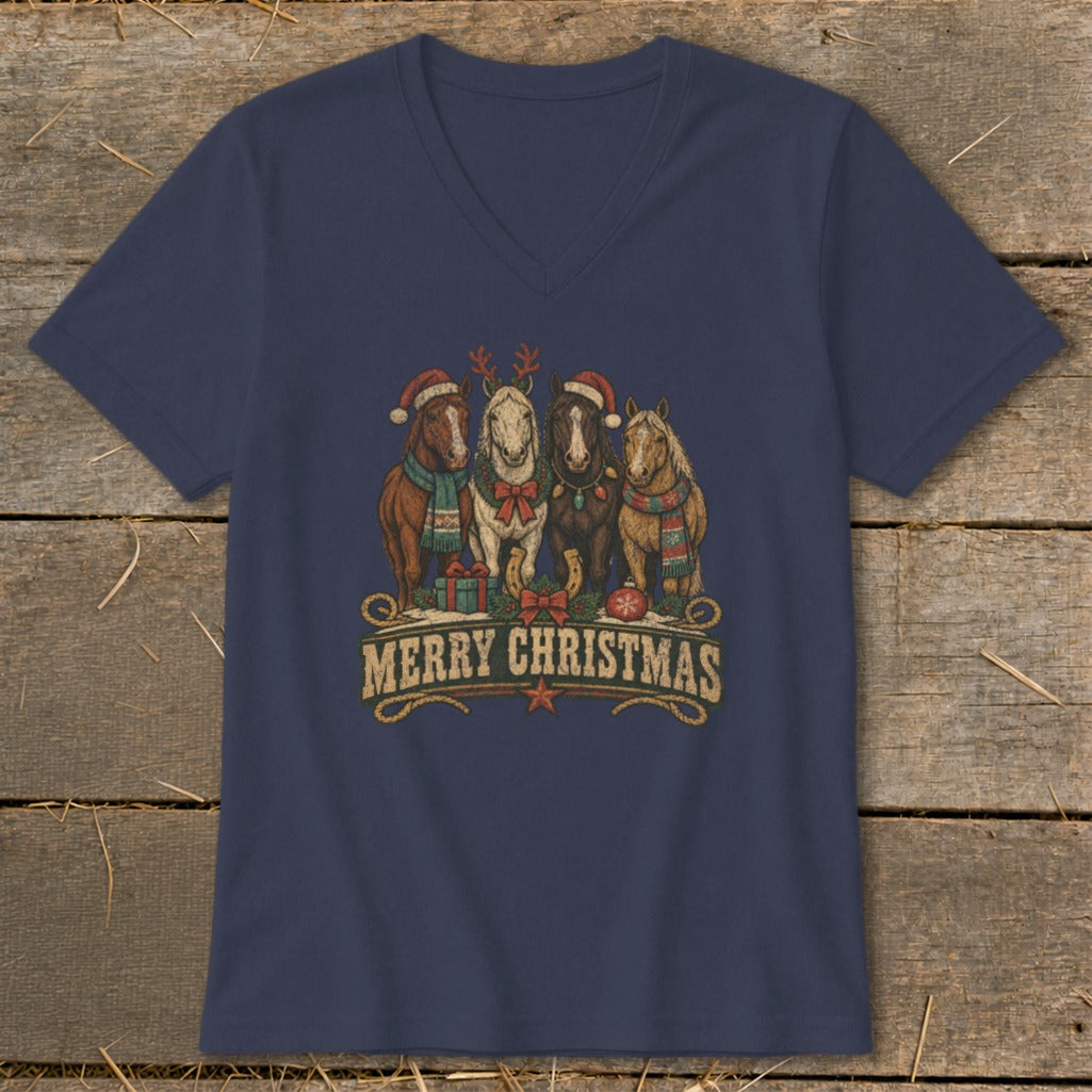 Four horses in Christmas hats and scarves with "Merry Christmas" text.