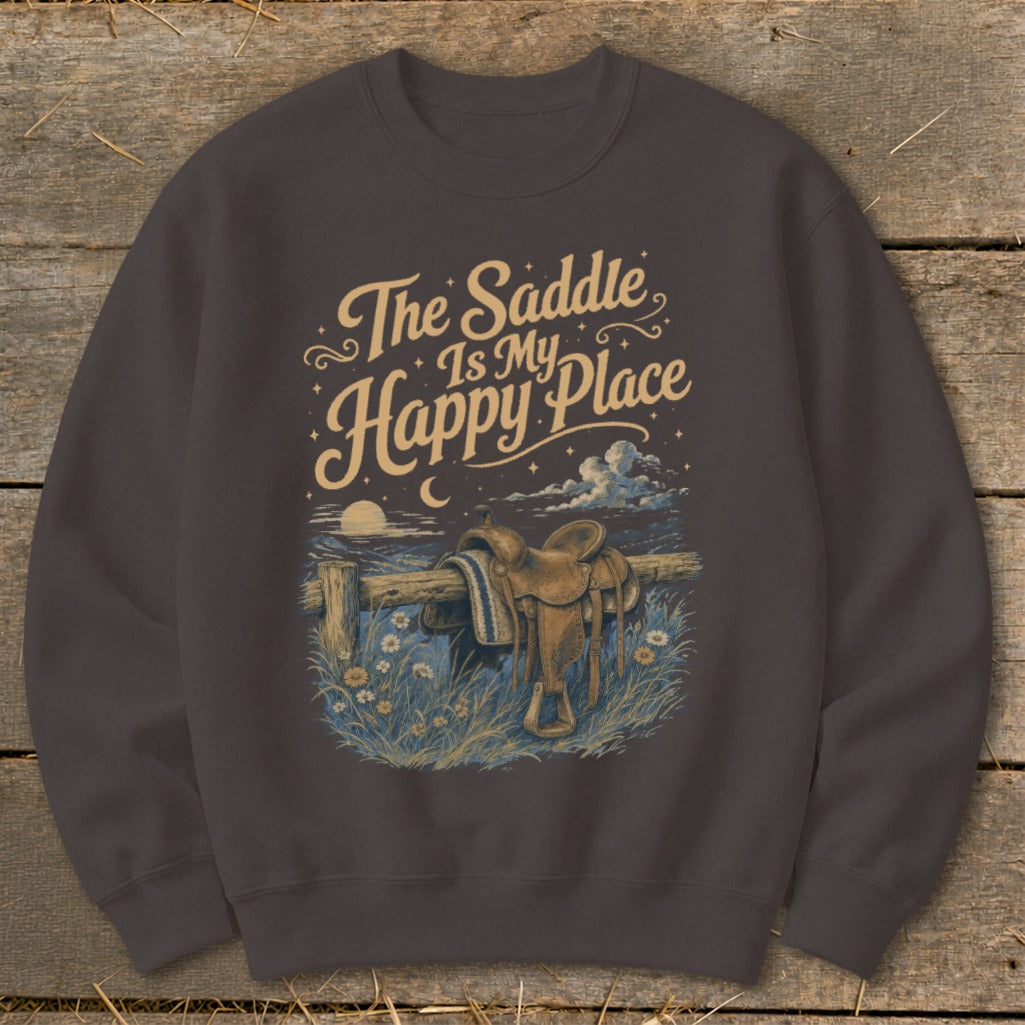 Brown crewneck sweatshirt with "The Saddle Is My Happy Place" graphic.