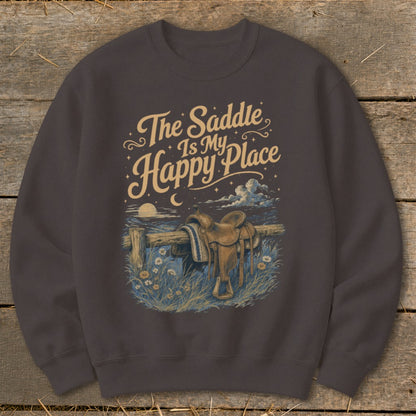 Brown crewneck sweatshirt with "The Saddle Is My Happy Place" graphic.
