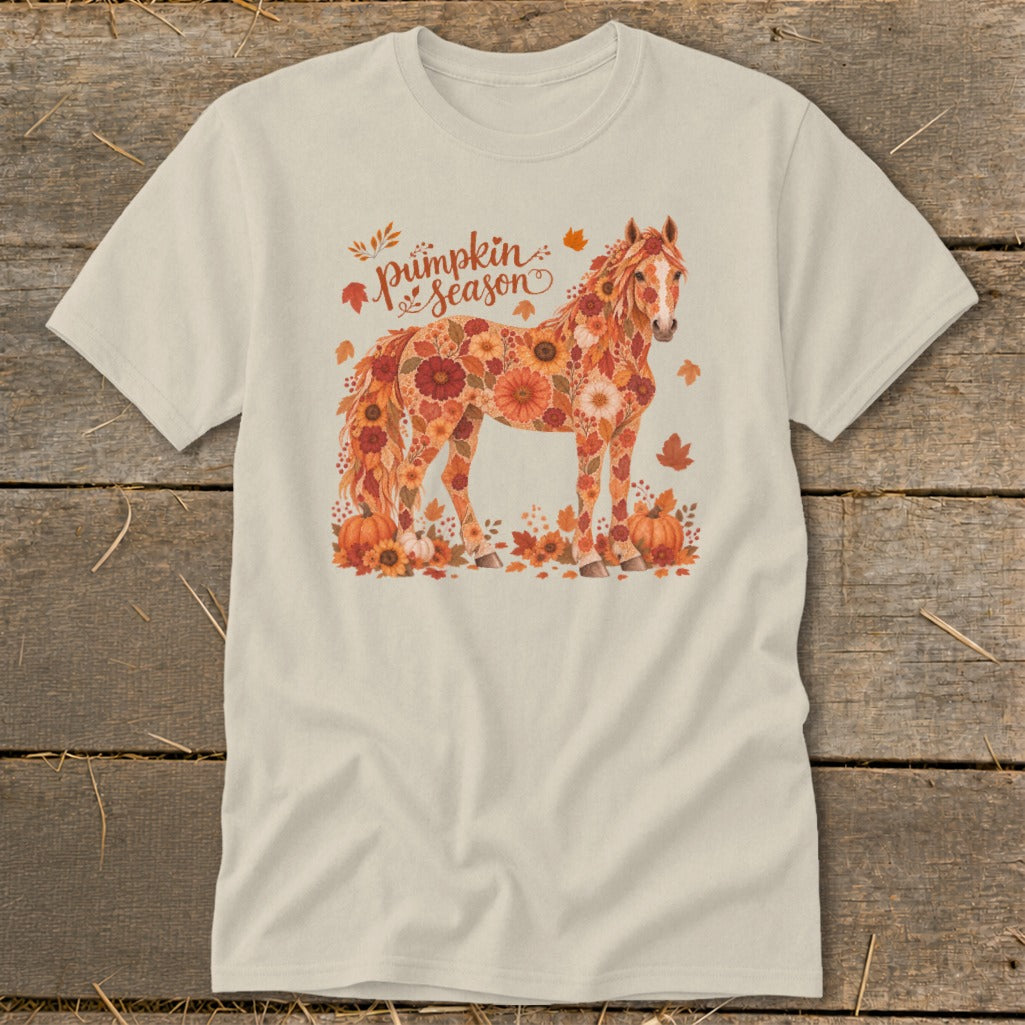 Cream t-shirt with a horse made of autumn flowers and text "pumpkin season".