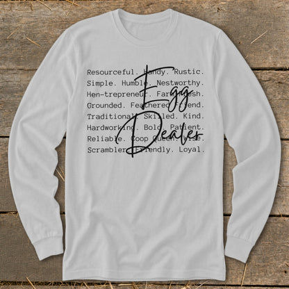 White long-sleeve shirt with "Egg Dealer" and descriptive words in black text.