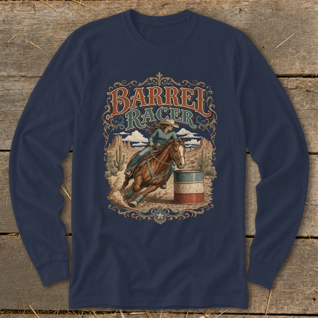 Barrel racer on a horse around a barrel with desert landscape and text.