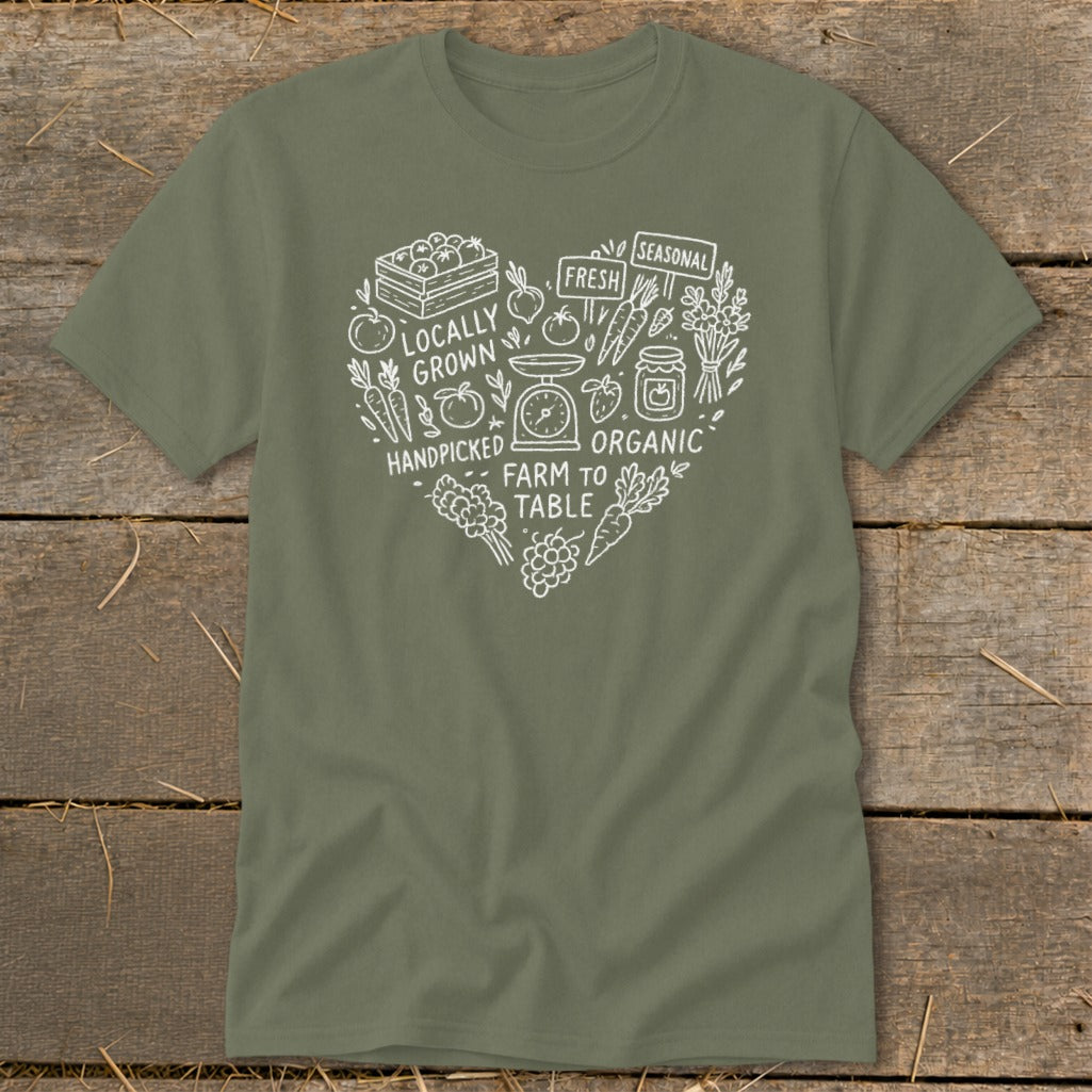 Olive green t-shirt with white heart graphic featuring farm fresh produce and text.