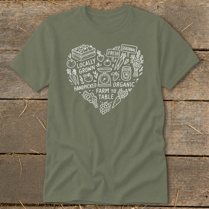 Olive green t-shirt with white heart graphic featuring farm fresh produce and text.