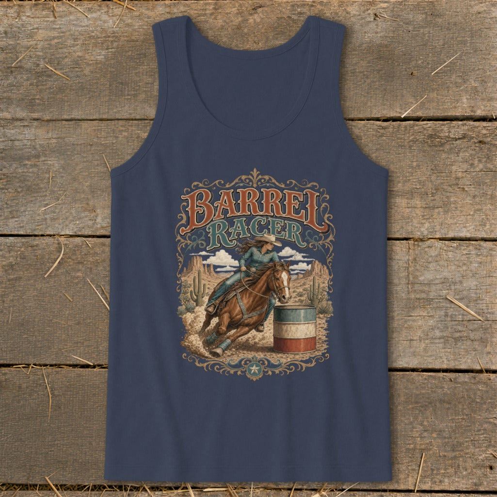 Barrel Racer graphic with horse and rider around a barrel in a desert landscape.