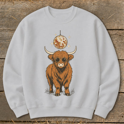 Highland cow with sunglasses and disco ball graphic on gray sweatshirt.