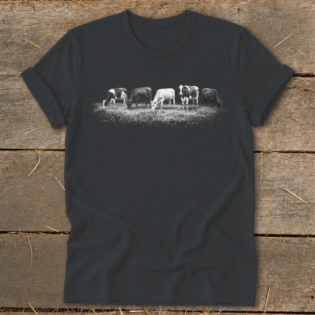 Dark grey t-shirt with a black and white print of five cows grazing in a field.