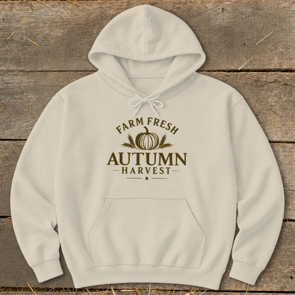 Cream hoodie with "Farm Fresh Autumn Harvest" graphic and pumpkin design.