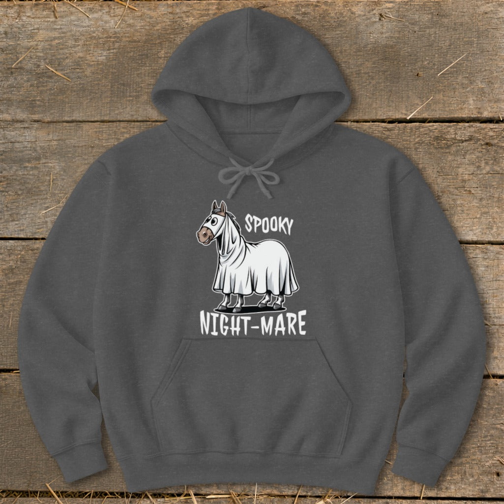 Dark grey hoodie with a horse dressed as a ghost saying "Spooky Night-mare".