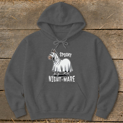 Dark grey hoodie with a horse dressed as a ghost saying "Spooky Night-mare".