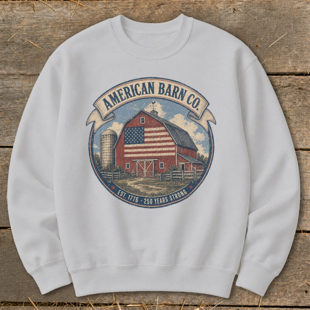 Sweatshirt with "American Barn Co." logo featuring a red barn with American flag and silo.