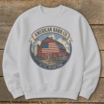 Sweatshirt with "American Barn Co." logo featuring a red barn with American flag and silo.