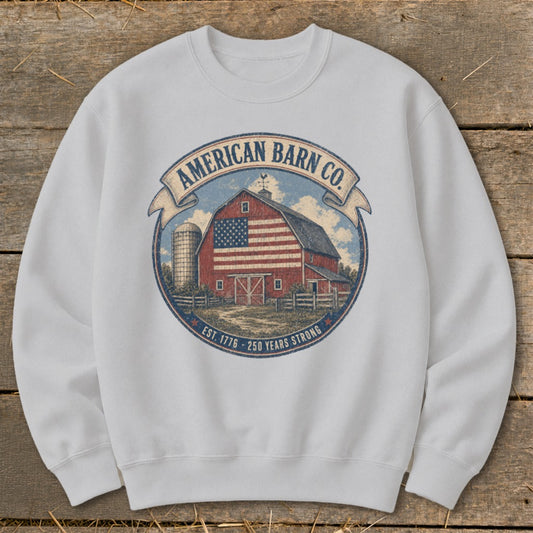 Sweatshirt with "American Barn Co." logo featuring a red barn with American flag and silo.