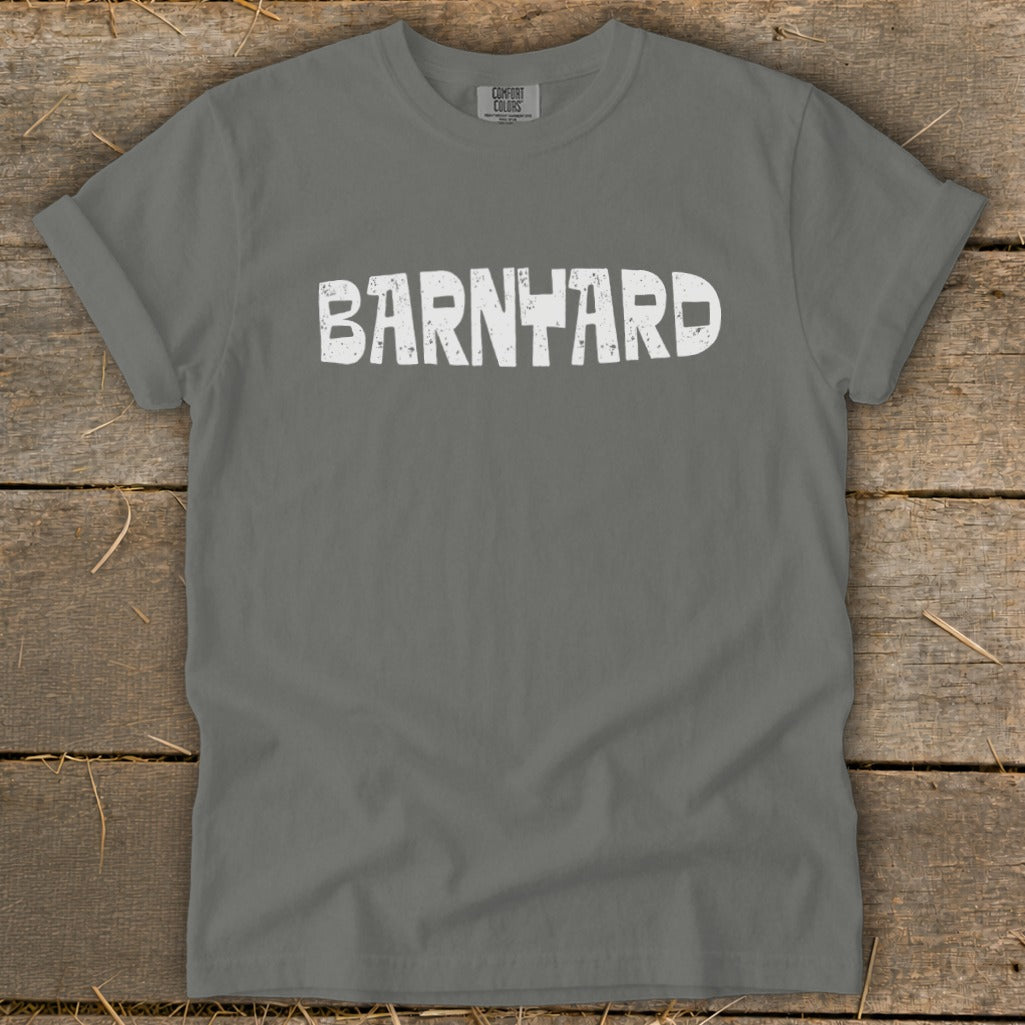 Gray short-sleeve t-shirt with the word BARNYARD printed in distressed white text across the chest.