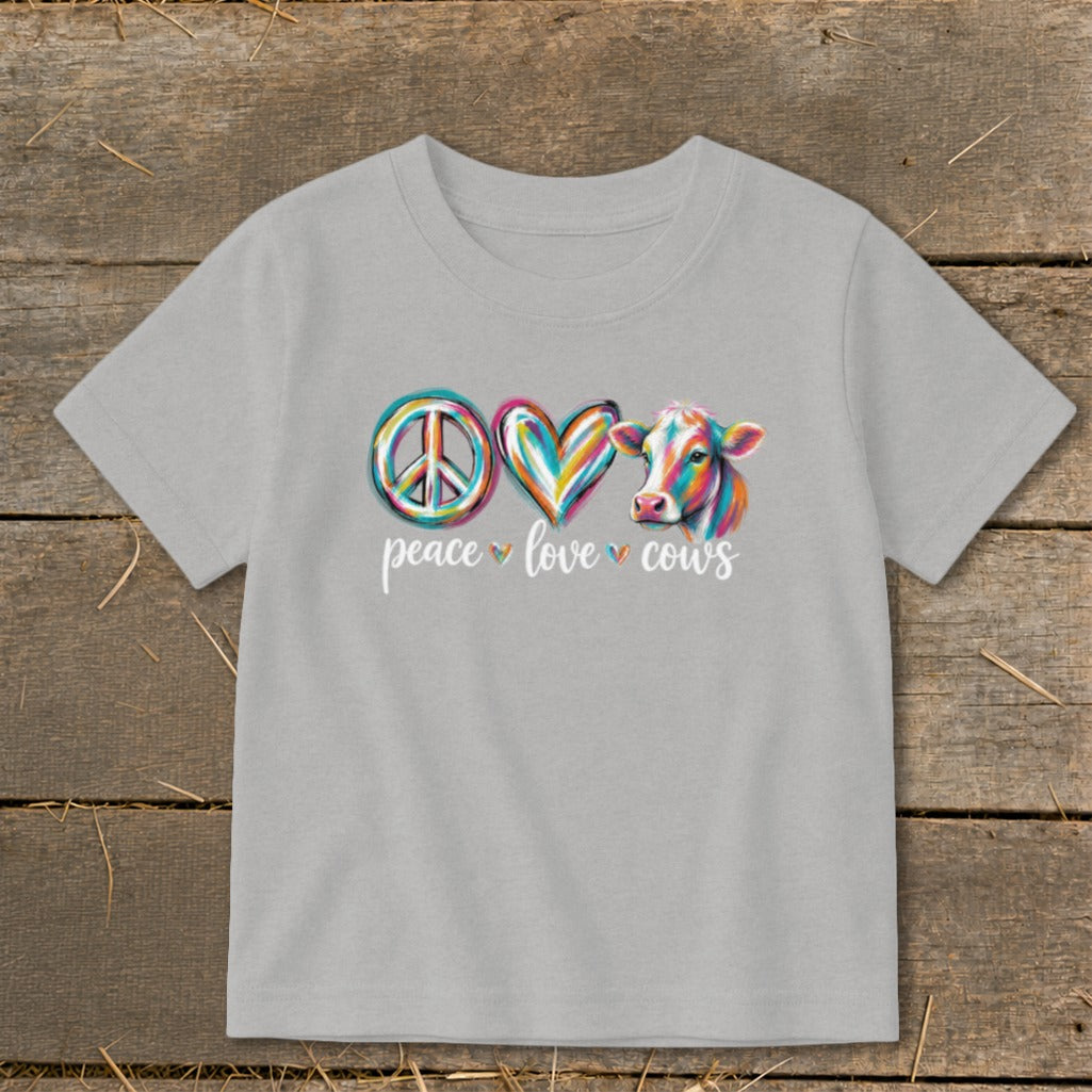 Gray t-shirt with peace, heart, and cow graphic, text reads "peace love cows".
