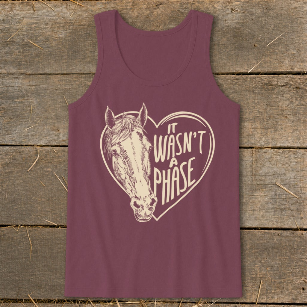Burgundy tank top with horse head inside a heart saying "It Wasn't a Phase."
