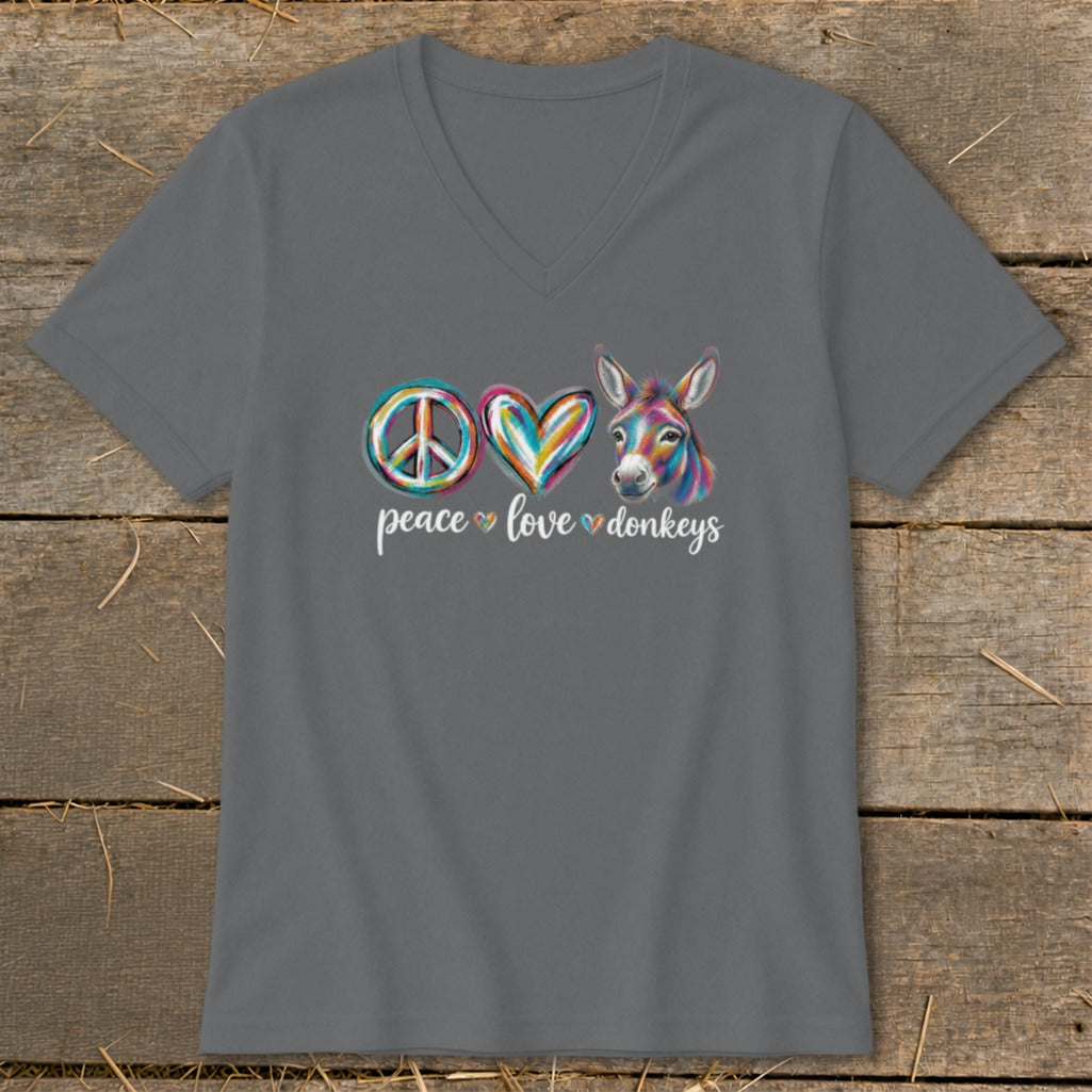 Gray t-shirt with "peace love donkeys" text and colorful peace sign, heart, and donkey graphic.