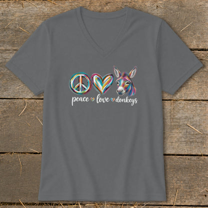 Gray t-shirt with "peace love donkeys" text and colorful peace sign, heart, and donkey graphic.