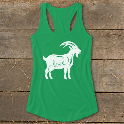 Green tank top with white goat silhouette and "love" text design.