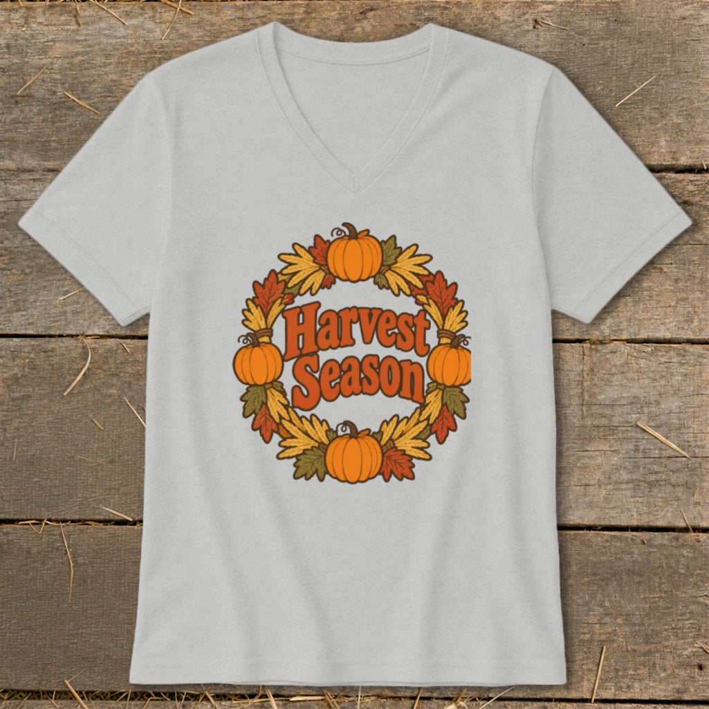 Light grey t-shirt with "Harvest Season" text in a circular pumpkin and leaf wreath.