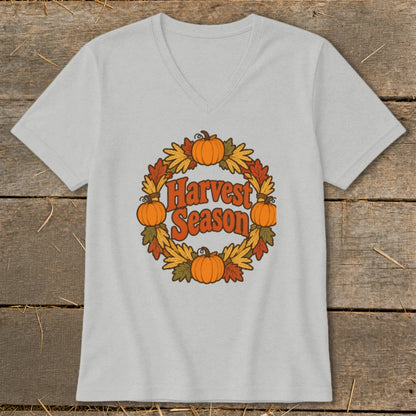 Light grey t-shirt with "Harvest Season" text in a circular pumpkin and leaf wreath.