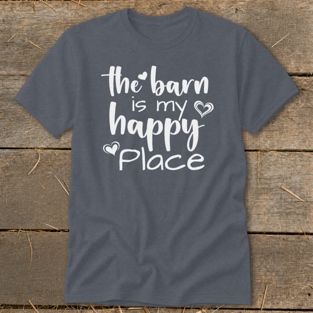 Dark grey t-shirt with white text "the barn is my happy place"