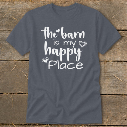 Dark grey t-shirt with white text "the barn is my happy place"