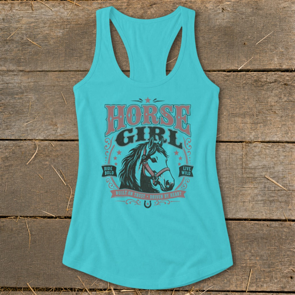 Turquoise tank top with "HORSE GIRL" graphic and horse head illustration.