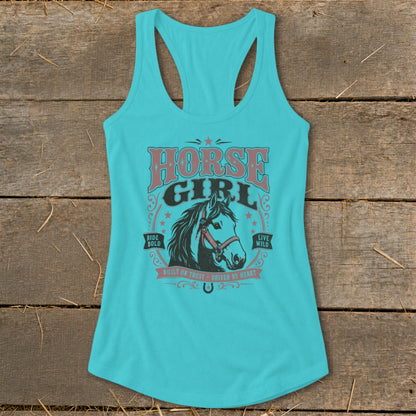 Turquoise tank top with "HORSE GIRL" graphic and horse head illustration.