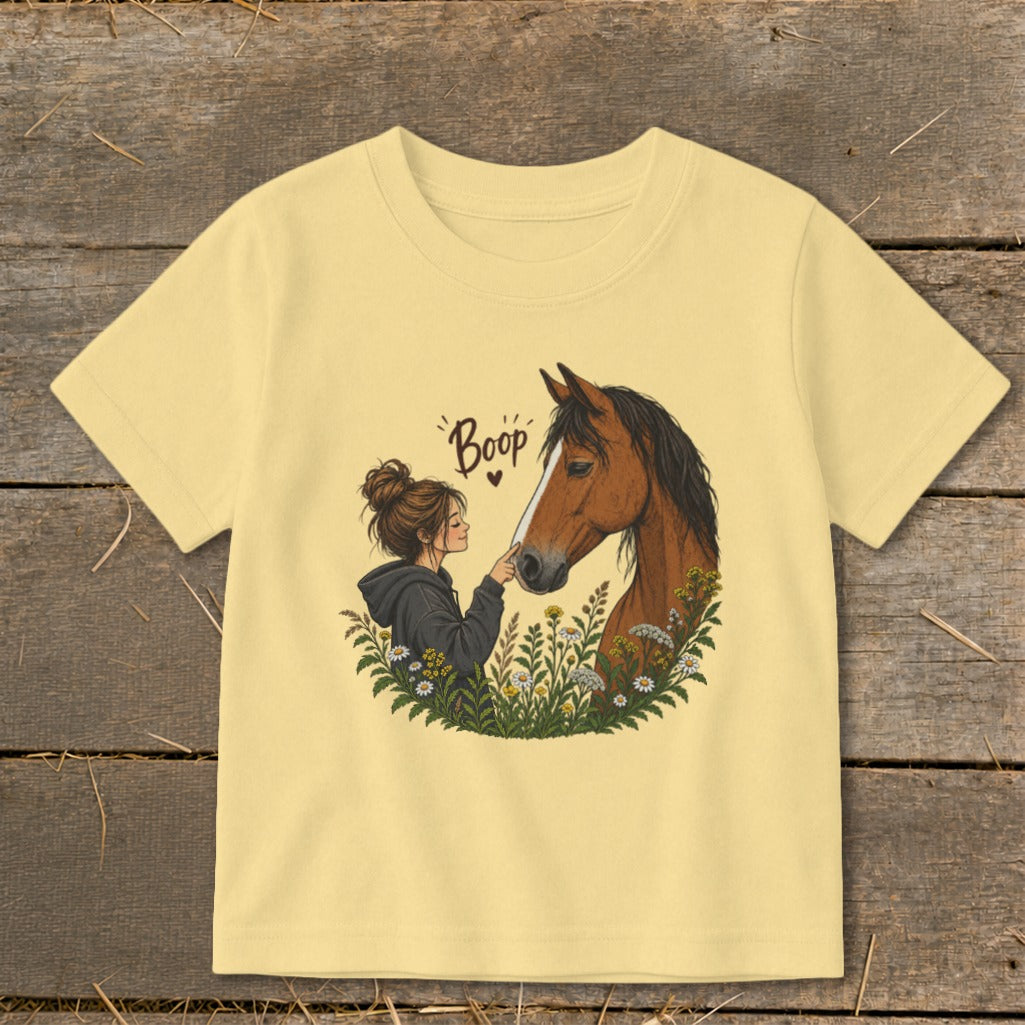 Illustration of girl and horse with text "Boop" on yellow t-shirt.