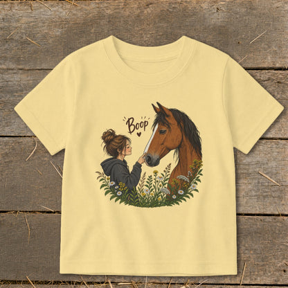 Illustration of girl and horse with text "Boop" on yellow t-shirt.