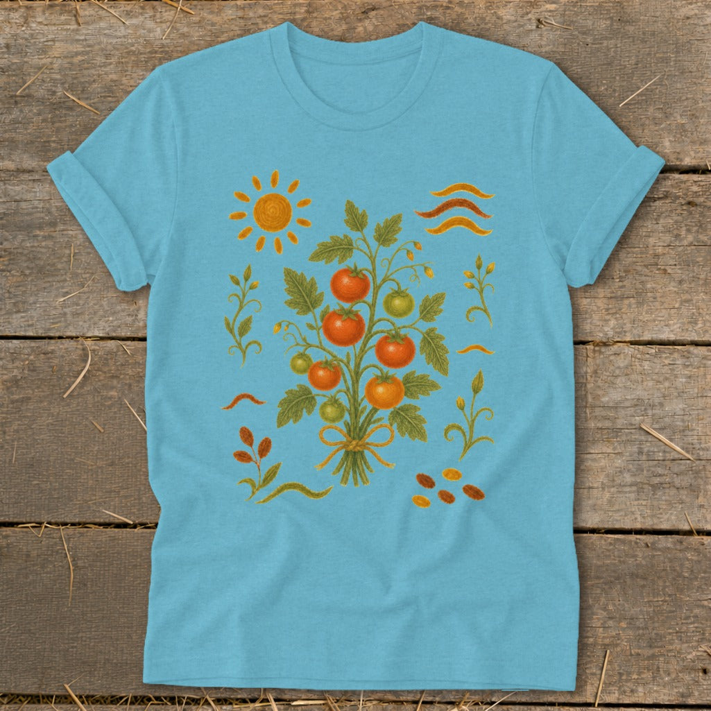 Light blue t-shirt with a sun, tomato plant, and wavy lines illustration.